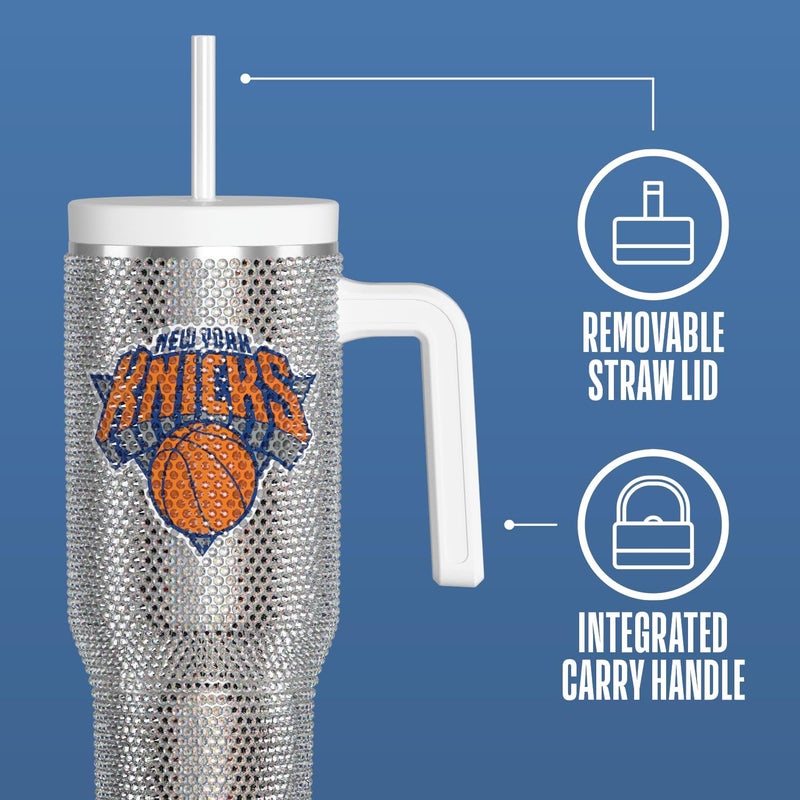 Hydrapeak x NBA Officially Licensed New York Knicks Voyager 40 oz Stainless Steel Bling Tumbler with Handle, Insulated Rhinestone Water Bottle With Straw & Lid, Includes Gift Box - Image 3